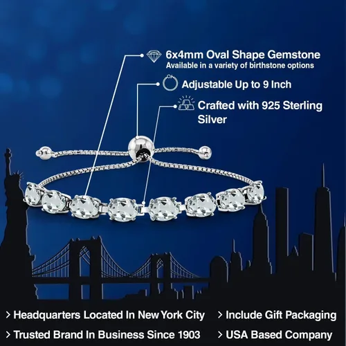 Vista 33 de Gem Stone King Pulsera de plata de ley 925 con piedra natal ovalada de 0.276 x 0.197 in para mujer, totalmente ajustable hasta 9 pulgadas