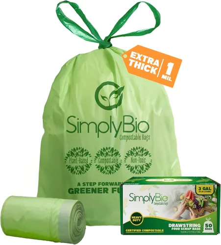 Vista 10 de Simply Bio Bolsas de basura compostables de 13 galones con cordón de cierre, extra gruesas de 1 mil, 49.21 litros, 30 bolsas, bolsa alta de cocina