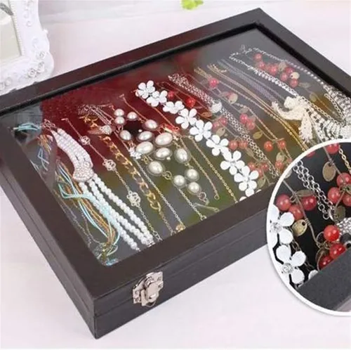 Vista 3 de MMSEKT Caja de joyería Bandeja de collar Caja de almacenamiento Exhibición de joyería apilable de vidrio superior con cerradura de terciopelo negro