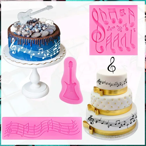 Vista 5 de Molde de fondant para notas musicales, 5 piezas, tapete de encaje de silicona para decoración de pasteles