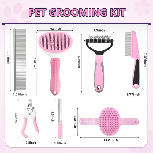 Vista 2 de Cepillo para perros Kit de aseo para perros, 7 piezas, cepillos para pelar perros, cepillos para aseo, peine desengrasante, cortauñas para gatos