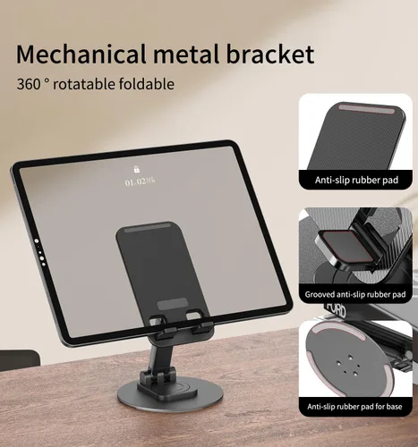 Vista 4 de Soporte giratorio para teléfono móvil de 360°, base de soporte plegable para teléfono de escritorio totalmente ajustable, soporte plegable