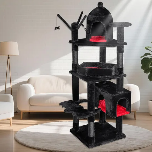 Vista 2 de BEWISHOME Árbol para gatos resistente, 63 pulgadas, árboles para gatos grandes, torre gótica para gatos con cama de ataúd, casas para gatos