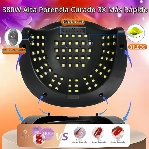 Vista 2 de Lámpara de uñas LED UV con 81 cuentas, lámparas de curado de uñas de 380 W para esmalte de gel con sensor automático/4 ajustes de temporizador