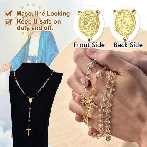 Vista 3 de ChainsProMax Collar con rosario de Virgen MaríaSan Cristóbal y San Miguel para mujer, foto personalizadatexto disponible-Envía caja de regalo