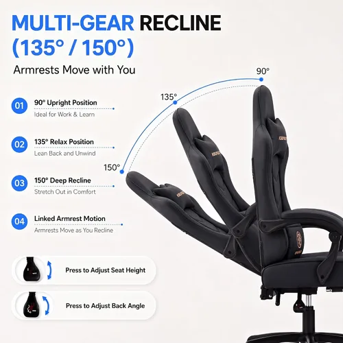 Vista 7 de Silla de escritorio para juegos para computadora, silla de oficina ergonómica de respaldo alto con reposapiés y soporte lumbar, sillas giratorias