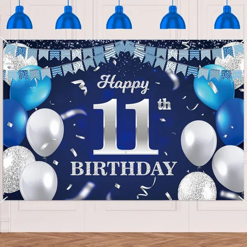 Vista 31 de Bandera de feliz primer cumpleaños con fondo azul marino, globos, confeti, bandera de rayas, luces de puntos, felicitaciones por el tema de 1 año