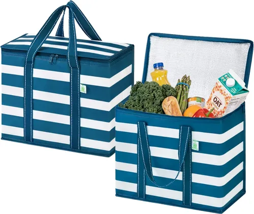Vista 10 de VENO Paquete de 2 bolsas enfriadoras aisladas para entrega de alimentos, bolsas de compras plegables y reutilizables con cremallera, plegables