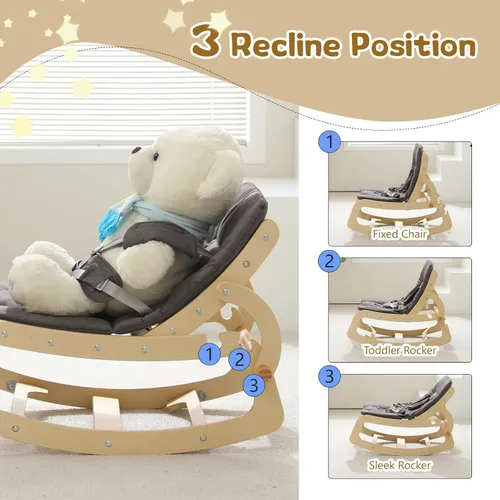 Vista 4 de Mecedora de Bebé de Madera Ajustable 3 en 1, Silla Mecedora de Diseño Ergonómico con Cojín Extraíble, Cinturón de Seguridad y Elevador, Reclinable