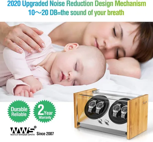 Vista 5 de Bobinadora de reloj para 4 relojes automáticos - Caja de bobinadora de relojes de bambú con motor silencioso, 4 modos de rotación Watch Winder Smith