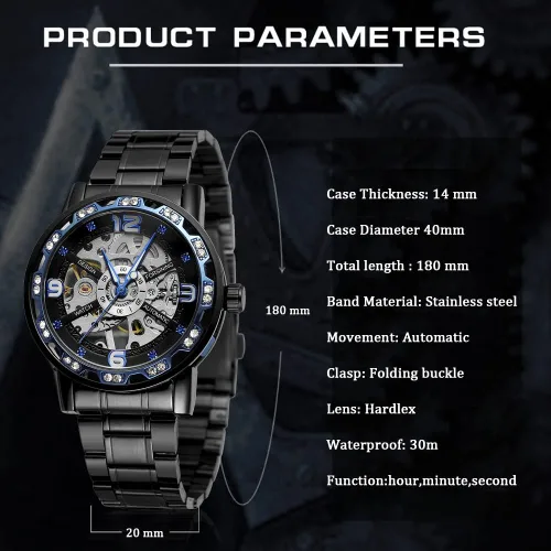 Vista 4 de Reloj de pulsera de esqueleto mecánico masculino de lujo con diseño real de diamantes de moda transparente
