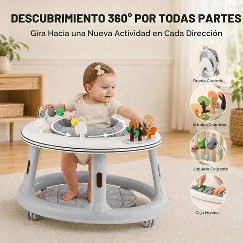 Vista 3 de Andador de bebé 5 en 1 con ruedas, gorila, andador de empuje y mesa de Gris