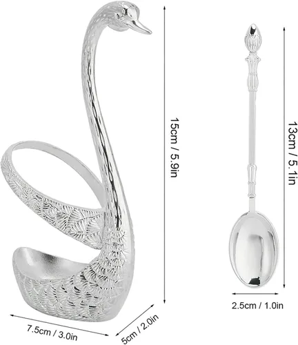 Vista 5 de Kit de cuchara de café con soporte en forma de cisne de aleación de zinc y 6 cucharas de café de acero inoxidable, juego de cucharas de comida