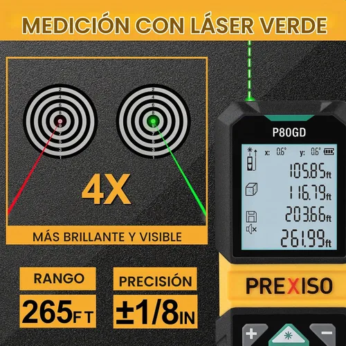 Vista 4 de PREXISO Medidor Láser Recargable, Herramienta de Medición Láser de Haz Verde de 265 Pies con Sensor de Ángulo y Almacenamiento de 30 Conjuntos