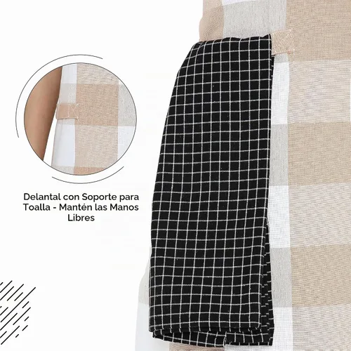 Vista 4 de Encasa XO Delantales de cocina de algodón para mujeres y hombres con bolsillo y bucle para toalla, correa ajustable para cuello y espalda