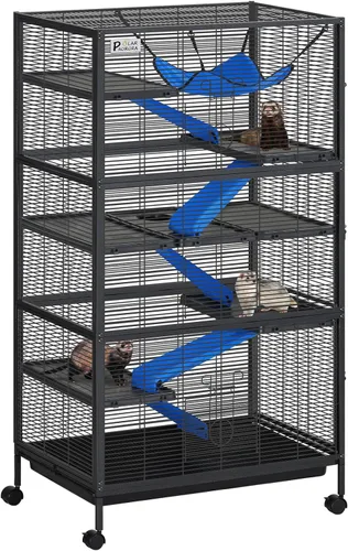 Vista 8 de Kit de jaula de acero de 4 niveles para animales pequeños para conejillos de indias, hurón, conejito con ruedas, frenos, hamaca, 4 plataformas