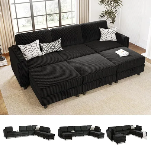 Vista 16 de KKL Sofá cama modular modular con otomana de almacenamiento, sofá cama convertible en forma de L/U para sala de estar, diseño reversible moderno