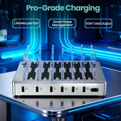 Vista 4 de Estación de carga rápida de 300 W para múltiples dispositivos, concentrador de carga USB de 6 puertos, organizador universal de cargador