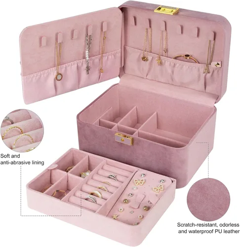 Vista 2 de KAMIER Joyero, 2 capas de piel sintética, caja organizadora de joyas de gran capacidad, doble cerradura y espejo grande, ganchos ocultos
