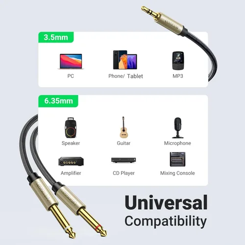 Vista 6 de Cables Ugreen: cable distribuidor en Y, enchapado en oro de 1/8 pulgadas TRS a 1/4 pulgadas TS mono para iPhone, iPod, tarjetas de sonido