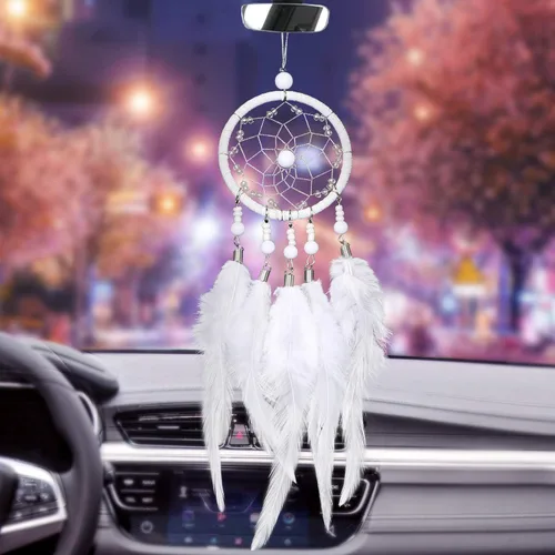 Vista 2 de Dremisland Atrapasueños hecho a mano blanco atrapasueños espejo retrovisor de coche colgante con adorno de perla (blanco)
