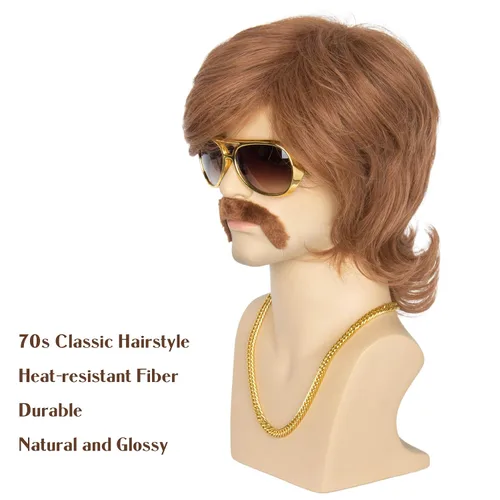 Vista 5 de Miss U Hair - Pelucas de fiesta marrón de los años 70 para hombre, peluca de salmonete, peluca de Halloween con accesorios de los años 70, collar