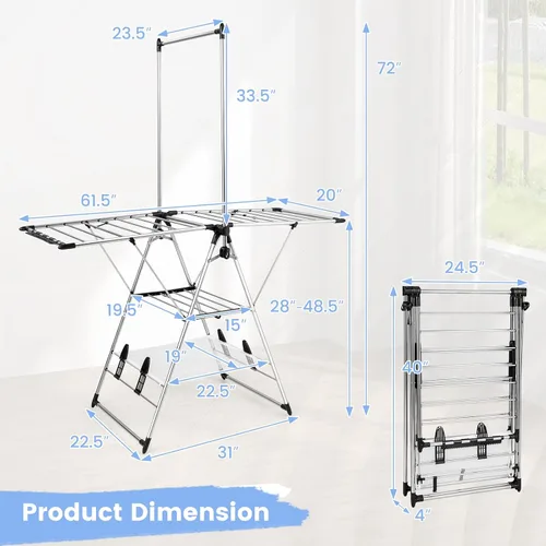 Vista 7 de Giantex Estante de secado de ropa, estante de secado de ropa plegable con altura ajustable de 6 niveles, diseño de colgador alto, clips laterales