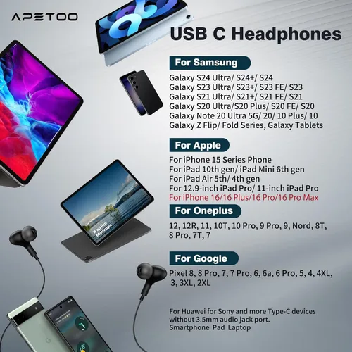 Vista 7 de APETOO Auriculares USB C para Samsung Galaxy S24 Ultra S23 FE S22 S21 A55 A54 A53 Auriculares magnéticos con cable con cancelación de ruido
