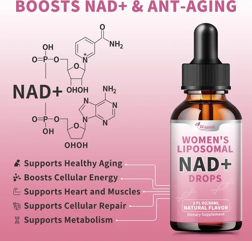 Vista 2 de Wanish Suplemento líquido liposomal NAD para mujeres, nicotinamida pura de 500 mg NAD, regeneración celular, apoyo energético y metabolismo, vegano