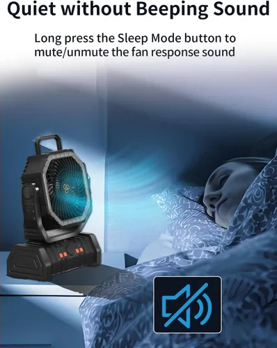Vista 2 de Ventilador Operado por Batería Portátil Alimentado por Batería Ventilador para Tienda de Campaña al Aire Libre con Luz de Linterna LED 20000mAh