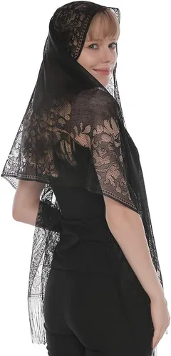 Vista 4 de Yeieeo Velo rectangular capilla encaje floral masa cabeza cubrir velos, Negro