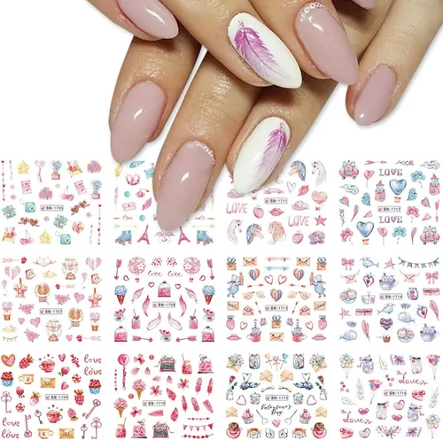 Vista 17 de TBRZTR 12 hojas de calcomanías de uñas para el día de San Valentín, diseño de torre de amor, diseño de paraguas, calcomanías de transferencia