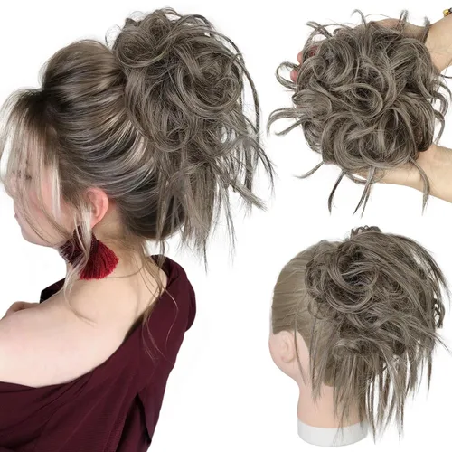 Vista 49 de HMD - Extensiones de cabello tipo chongo alborotado con rodelo despeinado, banda elástica de goma, extensiones de cabello sintético para mujer