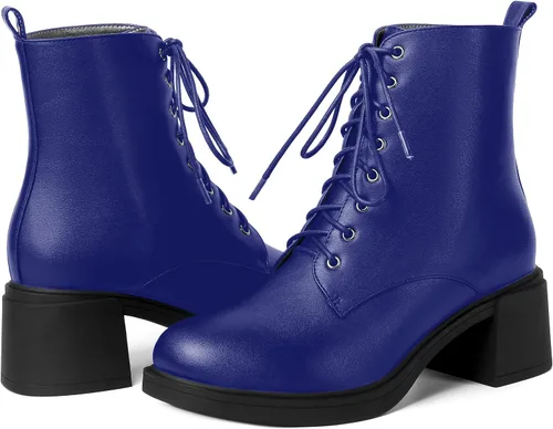 Vista 75 de ROSERWISH Botas altas de tacón bajo y grueso para mujer, con cordones, cómodas, modernas, con puntera redonda, de 2.5 pulgadas