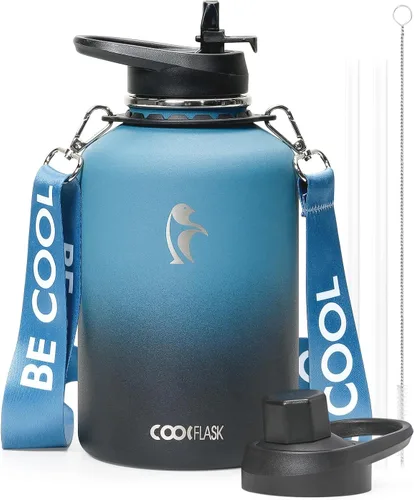 Vista 30 de Botella de agua Coolflask de 40 onzas con correa, botella de agua metálica aislada con popote y tapas con pico, acero inoxidable de doble pared al