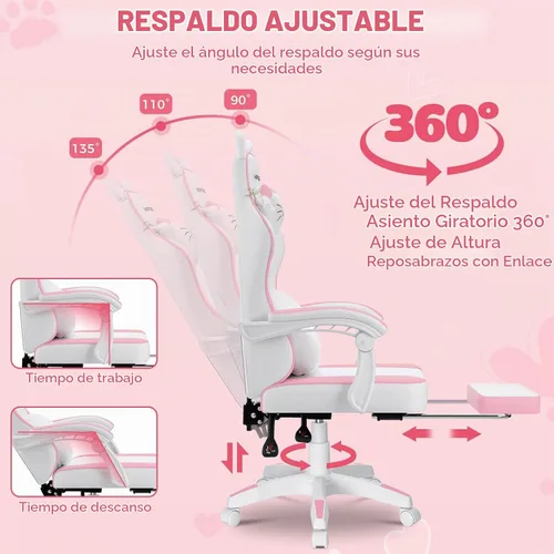 Vista 8 de HOFFREE Silla Rosa para Juegos con Orejas de Gato y Almohada Lumbar de Masaje en Forma de Nube, Silla Ergonómica Linda para Computadora para Niñas