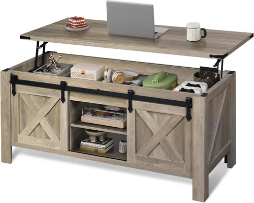 Vista 11 de WLIVE Mesa de Centro con Tapa Elevable, Mesa de Centro Estilo Granja de 39.4 pulgadas con Gran Compartimento de Almacenamiento Oculto, Puertas