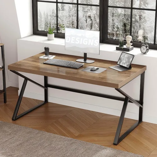Vista 17 de HSH Escritorio para oficina en casa, escritorio industrial de metal y madera para computadora para PC, portátil, trabajo, escritura, estudio