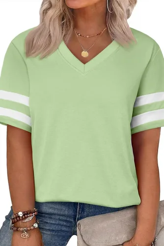 Vista 16 de Eytino Blusas de talla grande para mujer, cuello en V, manga corta, a rayas, casual, holgada, con bolsillo (1X-5X)