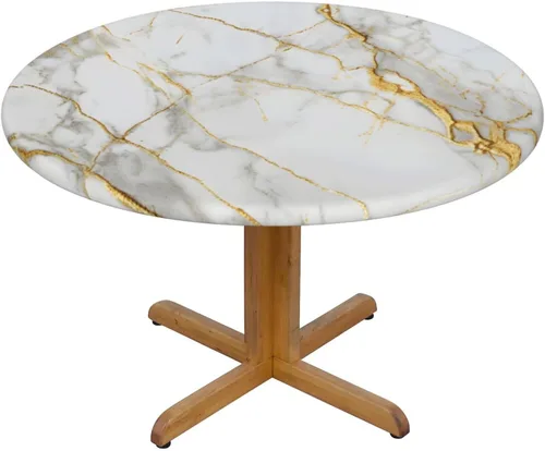 Vista 7 de Mantel redondo de mármol blanco dorado con borde elástico, mantel decorativo para el hogar, cocina, comedor, fiesta, S (se adapta a 40-45 pulgadas)