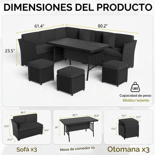 Vista 2 de Juego de muebles de patio, 7 piezas, juego de comedor al aire libre, juego de conversación de ratán para todo tipo de clima, sofá modular de comedor