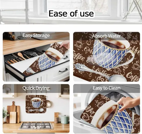 Vista 5 de Tapete de secado de platos con temática de café para encimera de cocina, almohadillas de microfibra para tazas de café, rústicas, estilo rústico