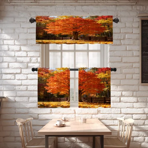 Vista 2 de Shrahala Orange Autumn Autumn Blackout Curtain Tiers, Fall Kitchen Valance Light Blocking Tier Drapes with Rod Pocket, 2 Pack 26 X 24 in