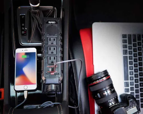 Vista 2 de BYGD Inversor de corriente de coche de 150 W para vehículos, DC 12 V a 110 V CA adaptador de enchufe de coche convertidor de salida con 1 toma