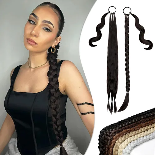 Vista 7 de Extensión de cola de caballo larga trenzada con banda para el cabello, color marrón claro, extensiones de cabello sintético suave y natural