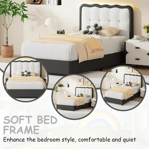 Vista 4 de BarnFurin Base de cama individual, cama de plataforma tapizada con cabecera de nube, marco de cama moderno con diseño suave anticolisión, no Negro