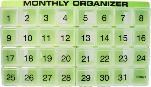 Vista 12 de Organizador de pastillas mensual 31 compartimentos, 1 por día, 4 semanas, organizador de pastillas completo de 31 días Incluye bandeja y 8