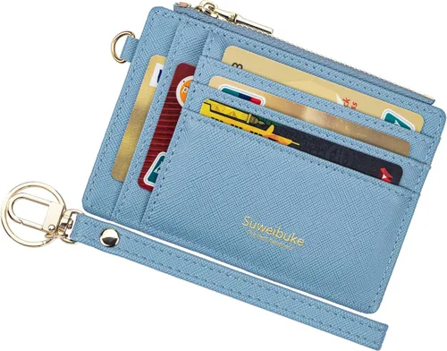 Vista 13 de Cartera delgada para mujer con bloqueo RFID para tarjetas de crédito, porta tarjetas tipo pulsera con cremallera para identificación, cartera