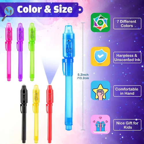 Vista 4 de Joycover Bolígrafo de tinta invisible con luz UV para niños, 28 unidades de bolígrafos espías para niños de 4 a 8 a 12 años, suministros de fiesta