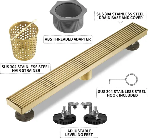 Vista 7 de Drenaje lineal de ducha rectangular de acero inoxidable 304 dorado cepillado, drenaje lineal de piso de drenaje rápido de 51 l/min, certificado CUPC